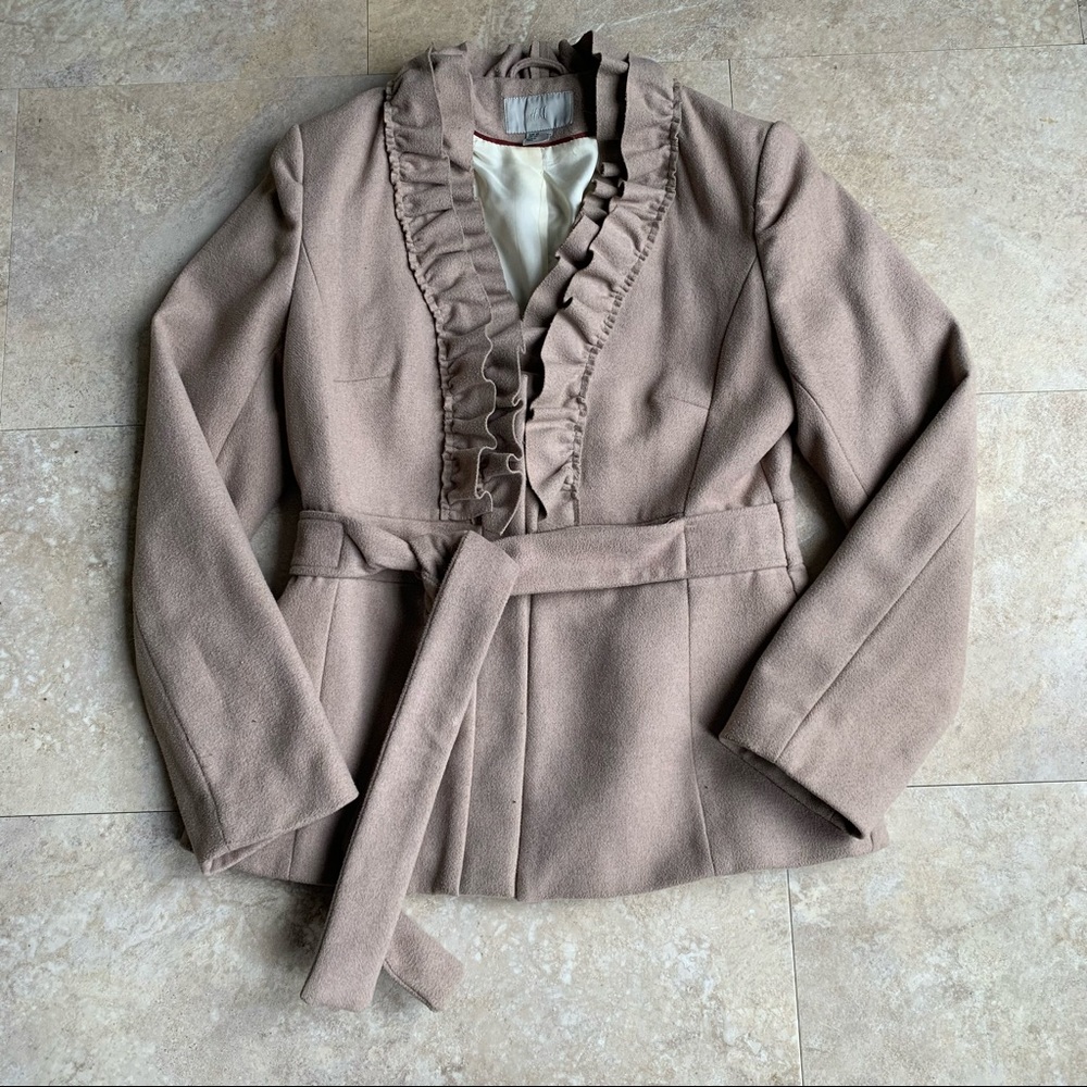 Ruffle front wool blend coat